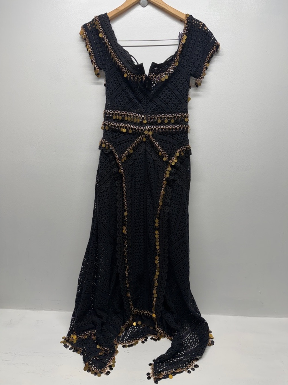 Thurley Indigo Mini Dress Off Shoulder Lace Mesh Metal Chain Black New Size 4 - Picture 6 of 10
